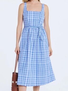 Blue Plaid Dress with Tie Waist